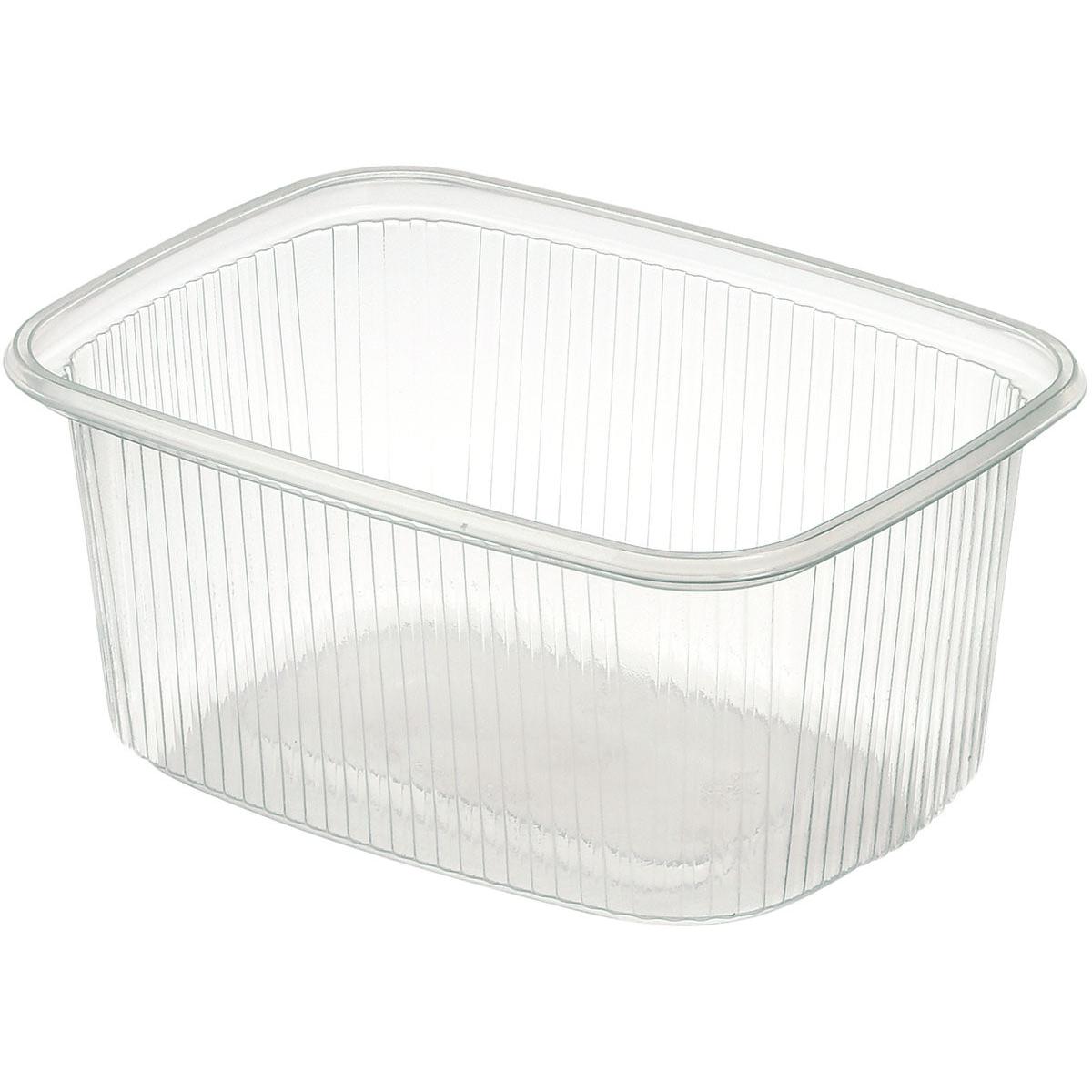 A clear, rectangular Delipack rectangular transparent PP food container from Duni GmbH with vertical side grooves and without a lid is pictured on a white background.