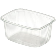 A clear, rectangular Delipack rectangular transparent PP food container from Duni GmbH with vertical side grooves and without a lid is pictured on a white background.