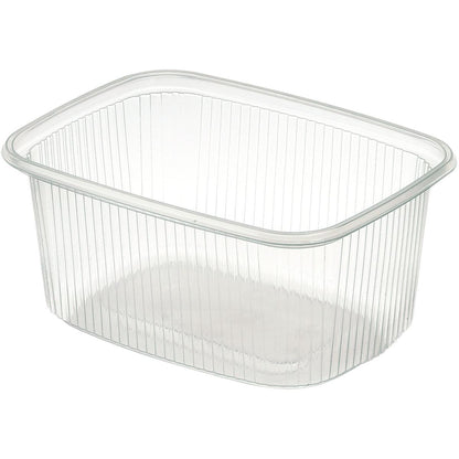 A clear, rectangular Delipack rectangular transparent PP food container from Duni GmbH with vertical side grooves and without a lid is pictured on a white background.