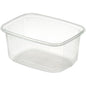 A clear, rectangular Delipack rectangular transparent PP food container from Duni GmbH with vertical side grooves and without a lid is pictured on a white background.