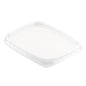 The transparent lid for 156427/156428 from Duni GmbH made of polypropylene (PP) measures 108x82 mm, has a raised edge and fits precisely on the matching container. Pack of 50 pieces.