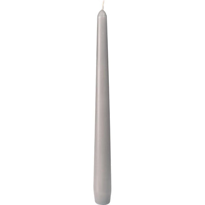 An unlit gray Duni GmbH taper candle (250 x 22 mm, approx. 7h burn time) with a smooth surface and pointed tip stands upright against a white background.