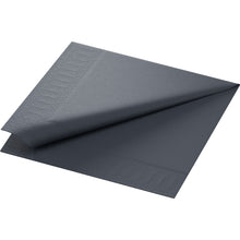 A stack of Duni GmbH tissue napkins, 40x40 cm, 3-ply, black (pack of 250 napkins), with a subtle embossing on the edge, presented on a white background.