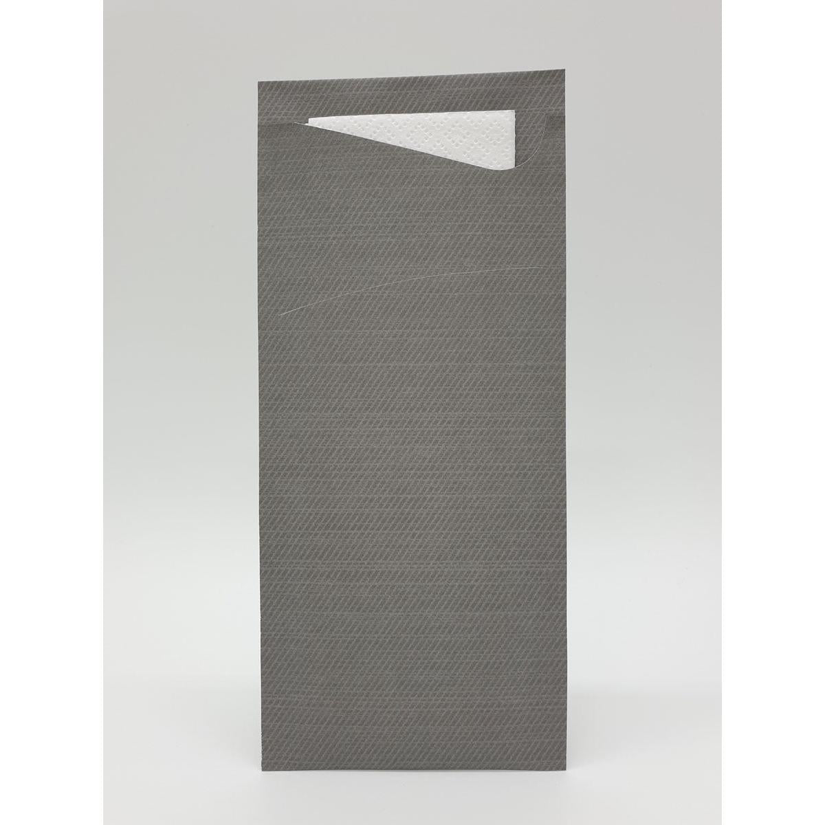 A gray, textured napkin holder stands upright holding a partially visible white Duni GmbH Sacchetto tissue 190 x 85 mm napkin against a plain light background.