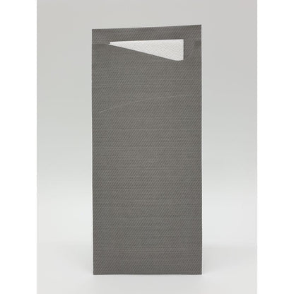 A gray, textured napkin holder stands upright holding a partially visible white Duni GmbH Sacchetto tissue 190 x 85 mm napkin against a plain light background.