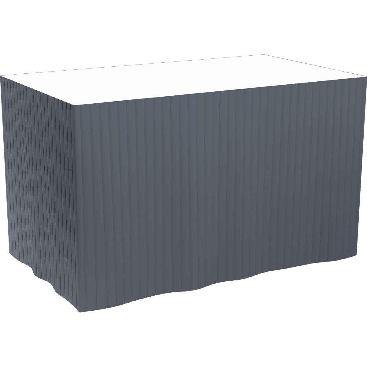A rectangular table with a white tablecloth is adorned with a gray, self-adhesive Dunicel tableskirt (72 cm, 5x4 m) from Duni GmbH, elegantly hanging down the sides.