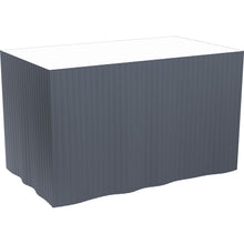 A rectangular table with a white tablecloth is adorned with a gray, self-adhesive Dunicel tableskirt (72 cm, 5x4 m) from Duni GmbH, elegantly hanging down the sides.