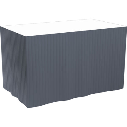 A rectangular table with a white tablecloth is adorned with a gray, self-adhesive Dunicel tableskirt (72 cm, 5x4 m) from Duni GmbH, elegantly hanging down the sides.