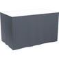 A rectangular table with a white tablecloth is adorned with a gray, self-adhesive Dunicel tableskirt (72 cm, 5x4 m) from Duni GmbH, elegantly hanging down the sides.