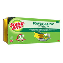 A box of Scotch-Brite® Classic Handle Sponge from 3M Deutschland GmbH, with green and yellow sponges featuring product branding and two yellow sponges with green scouring surfaces for effective cleaning.