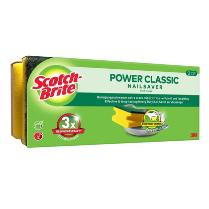 A box of Scotch-Brite® Classic Handle Sponge from 3M Deutschland GmbH, with green and yellow sponges featuring product branding and two yellow sponges with green scouring surfaces for effective cleaning.