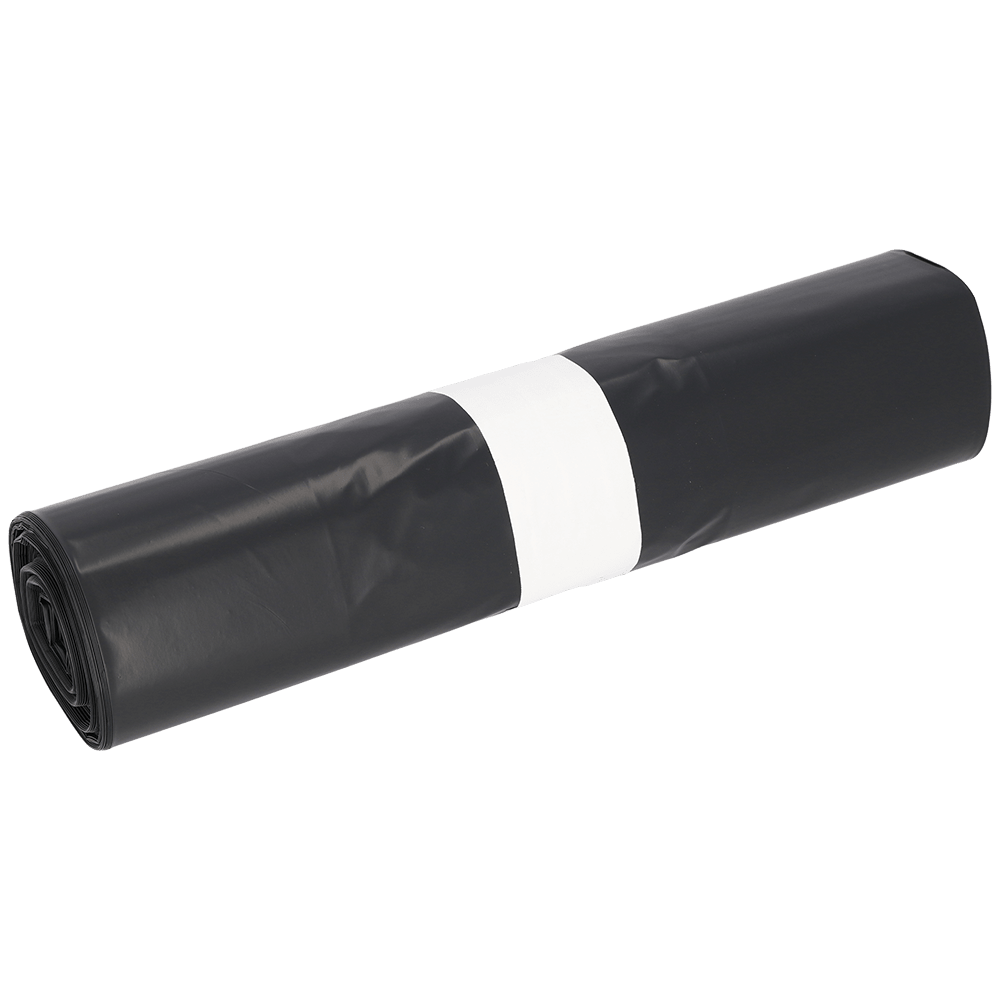 A roll of DEISS trash bags 575x1000x0.06 mm made of recycled LDPE 70 l from EMIL DEISS KG (GmbH + Co.) is neatly packaged with a white paper band in the middle and displayed against a simple white background.