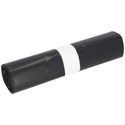 A roll of DEISS trash bags 575x1000x0.06 mm made of recycled LDPE 70 l from EMIL DEISS KG (GmbH + Co.) is neatly packaged with a white paper band in the middle and displayed against a simple white background.