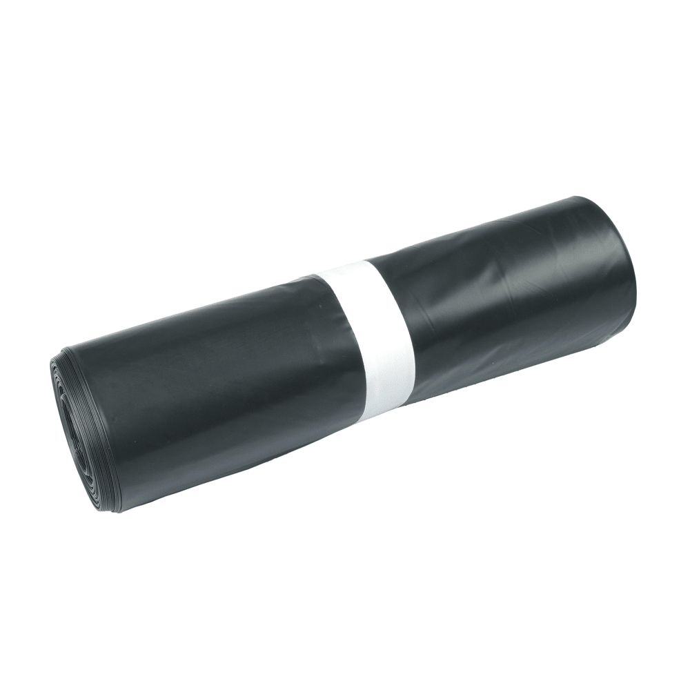A roll of DEISS 15710 trash bags (575x1000x0.08 mm, black, 25 pieces) from EMIL DEISS KG lies with a white band around the middle on a plain white background.