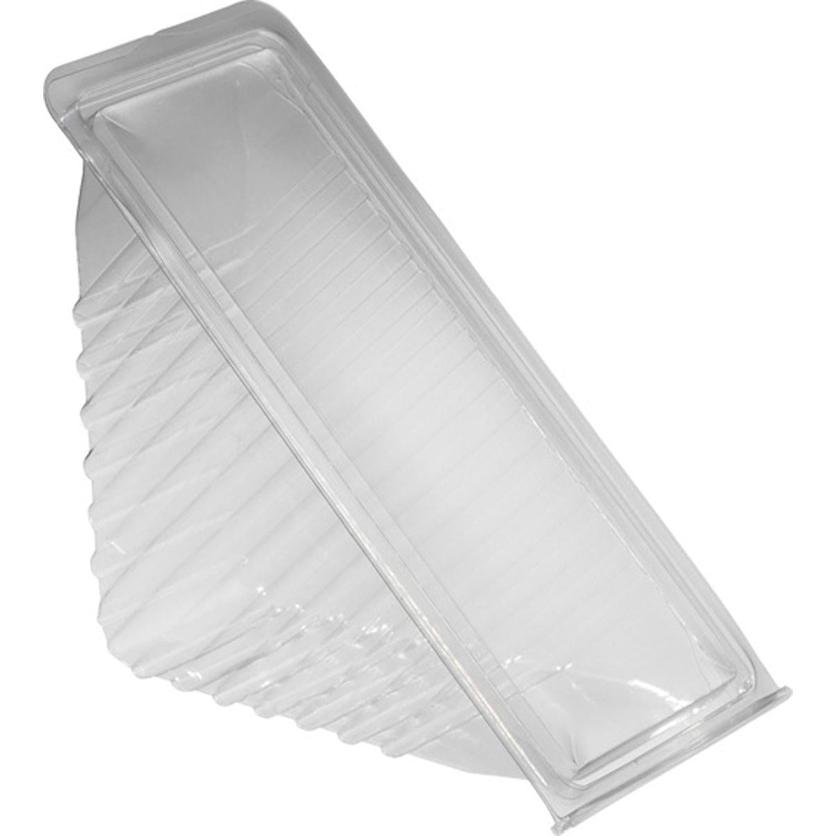 The rPET sandwich box from Duni GmbH (double transparent, 160x65x85 mm) is made of environmentally friendly material, has a ribbed side structure and a partially open flip lid for good visibility of the sandwiches. Pack of 500 pieces.