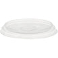 The transparent APET lid for 157176 from Duni GmbH (100x100x10 mm, pack of 50 pieces) is round and flat with a raised edge and indented center. There is no straw hole and no visible opening. Pictured on a white background.