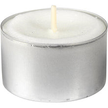 A Duni GmbH tealight, Ø39 mm, white candle with a burning time of 8 hours and centered wick in a small round silver metal cup, available in a pack of 100 pieces.