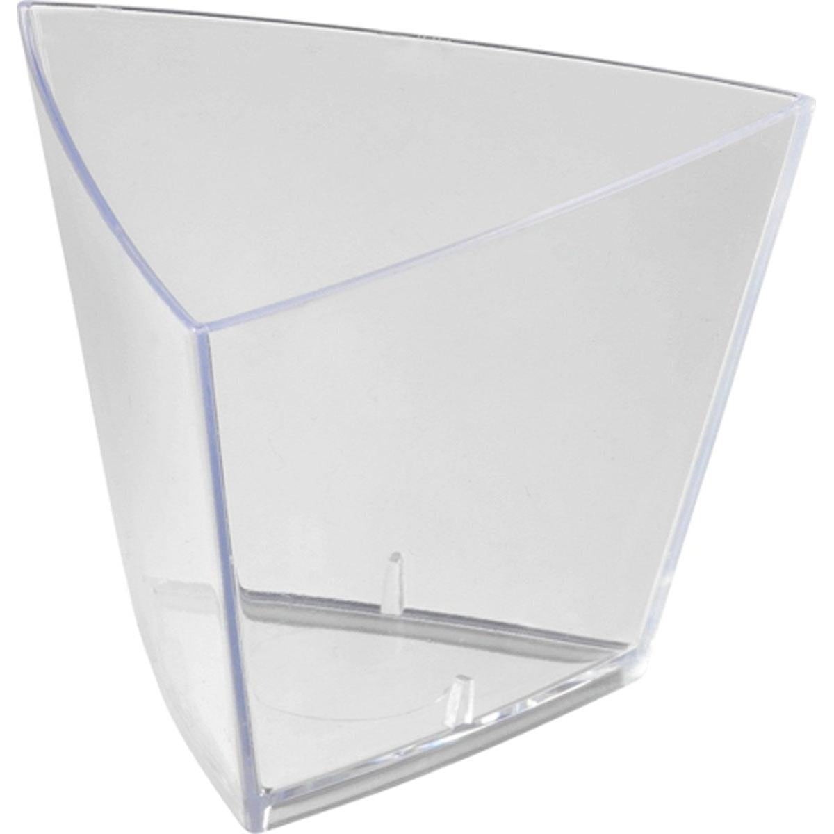 The Tri Transparent PS 55x55x45 mm from Duni GmbH is a clear plastic packaging with curved sides and a flat bottom, perfect as a small storage box for small items. Pack of 90 pieces - ideal slim storage solution.