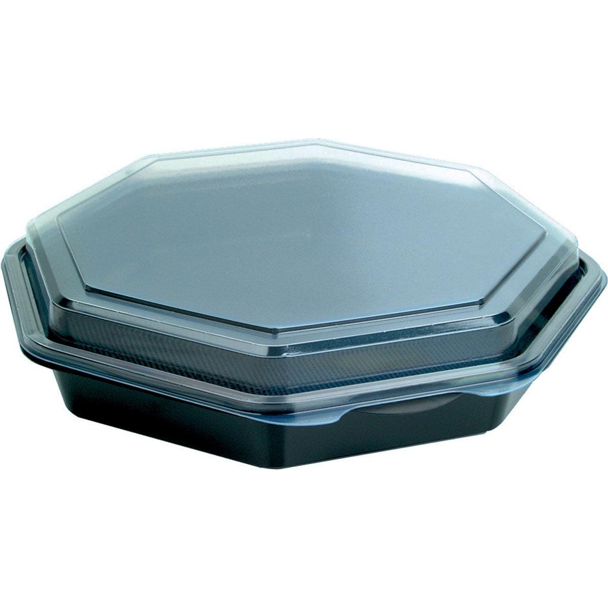 A closed Octaview® Black/Transparent PS 230x230x50 takeout container from Duni GmbH (C&C package with 127766), with a clear octagonal lid, is depicted at an angle on a white background.