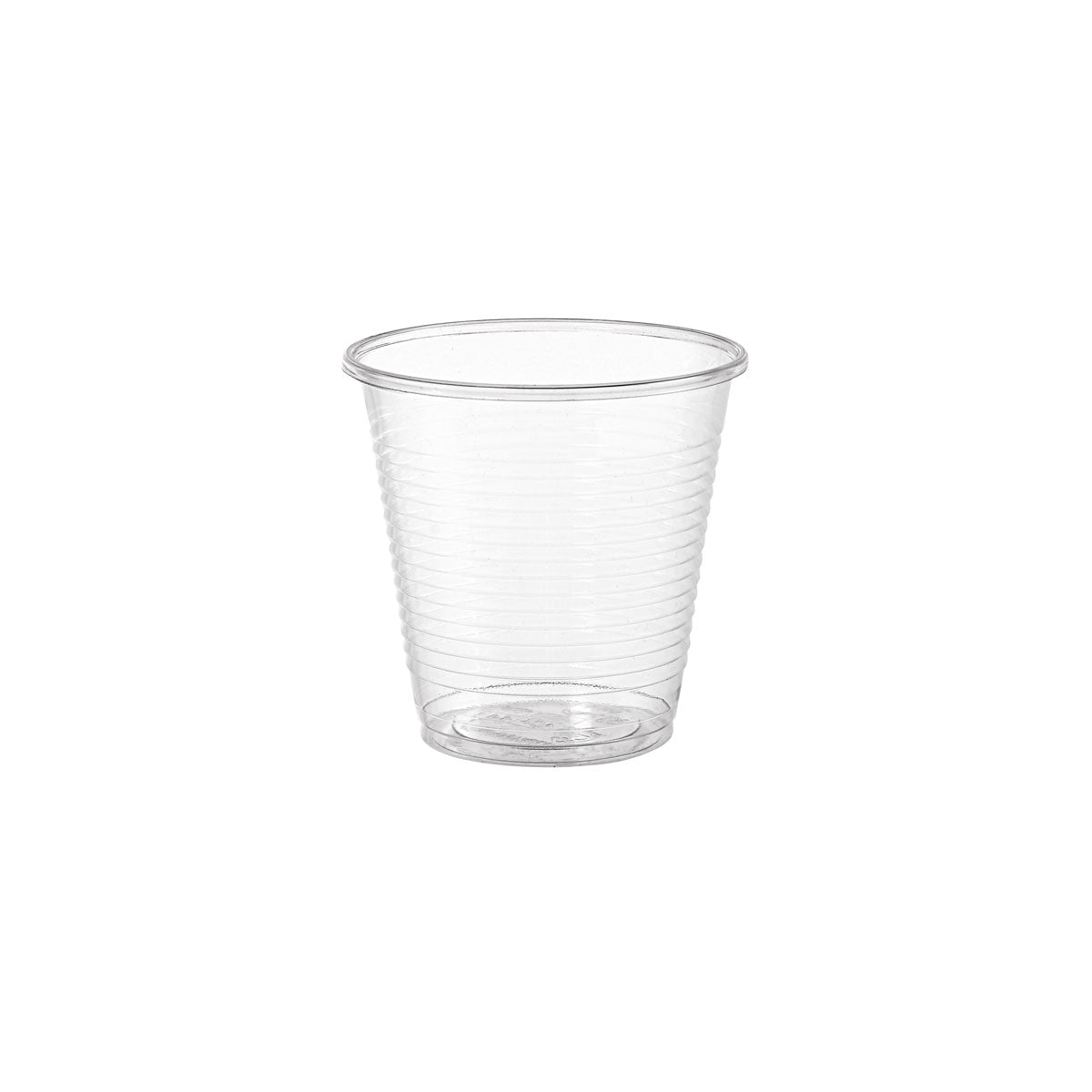 Pictured is a clear, empty 160 ml glass from Duni GmbH (PLA Transparent, pack of 50 pieces) against a white background. The cup has horizontal grooves, a simple, conical design and is environmentally friendly as well as biodegradable.