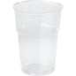 A transparent PLA cup, glass, PLA, fill line Transparent PLA from Duni GmbH, stands upright on a white background. The smooth surface and slight rim lip emphasize its clear, eco-friendly design.