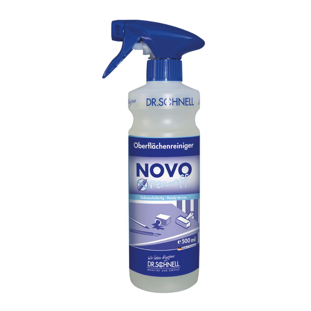 A plastic spray bottle labeled "Dr. Schnell NOVO PEN-OFF special surface cleaner for offices" by DR.SCHNELL GmbH & Co. KGaA, with a blue nozzle and a label with cleaning instructions and illustrations of a desk, keyboard, and office chair.