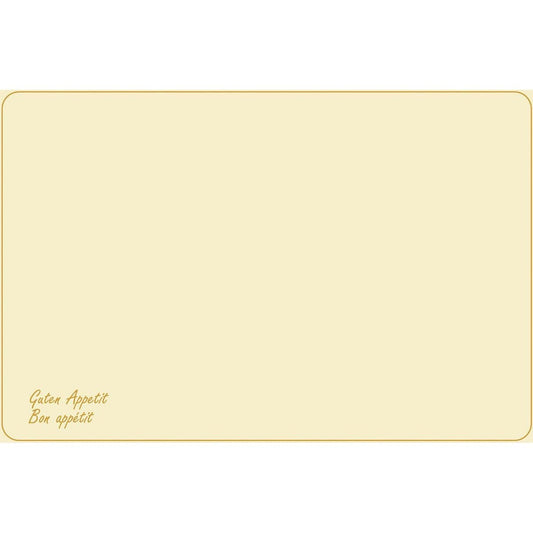 The Dunicel placemats (Vesca Norm) 33 x 48 cm Guten Appetit by Duni GmbH have an unprinted beige design with a thin brown border, rounded corners, and "Guten Appetit Bon appétit" in small brown letters at the bottom left - ideal for a stylishly set table.