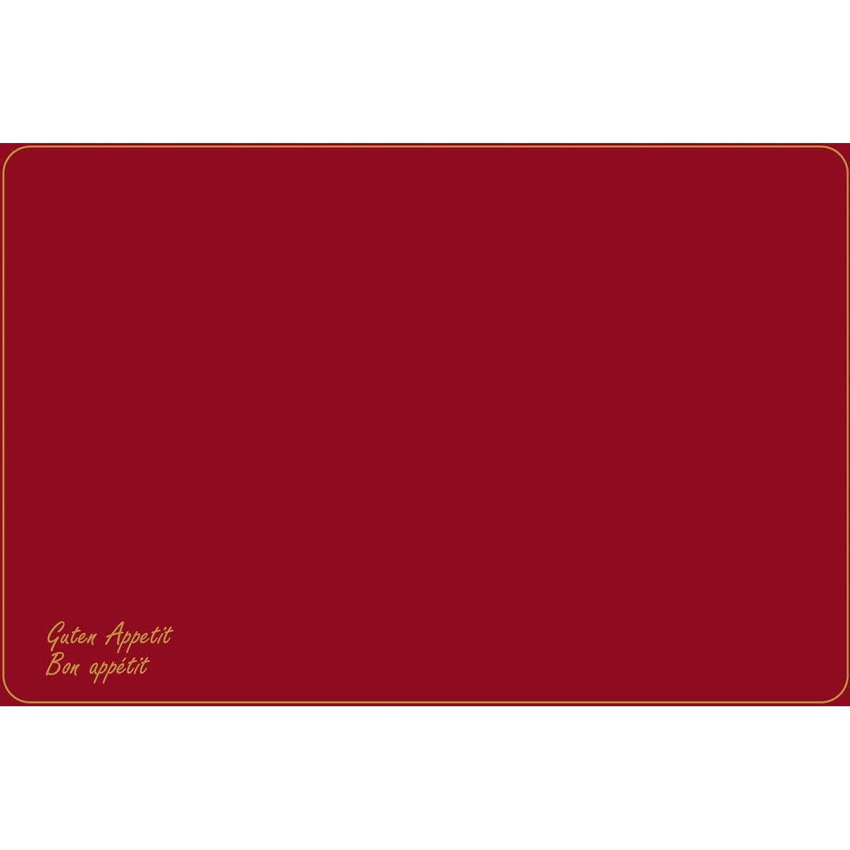 This Dunicel placemat (Vesca Norm) 33 x 48 cm by Duni GmbH has a chestnut brown background with a golden border and rounded corners. At the bottom left, it says "Guten Appetit" and "Bon appétit" in yellow cursive - ideal for an elegantly set table.