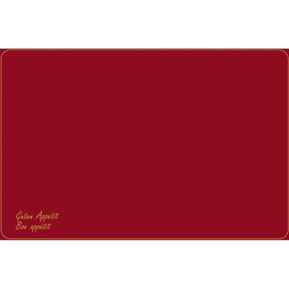 This Dunicel placemat (Vesca Norm) 33 x 48 cm by Duni GmbH has a chestnut brown background with a golden border and rounded corners. At the bottom left, it says "Guten Appetit" and "Bon appétit" in yellow cursive - ideal for an elegantly set table.
