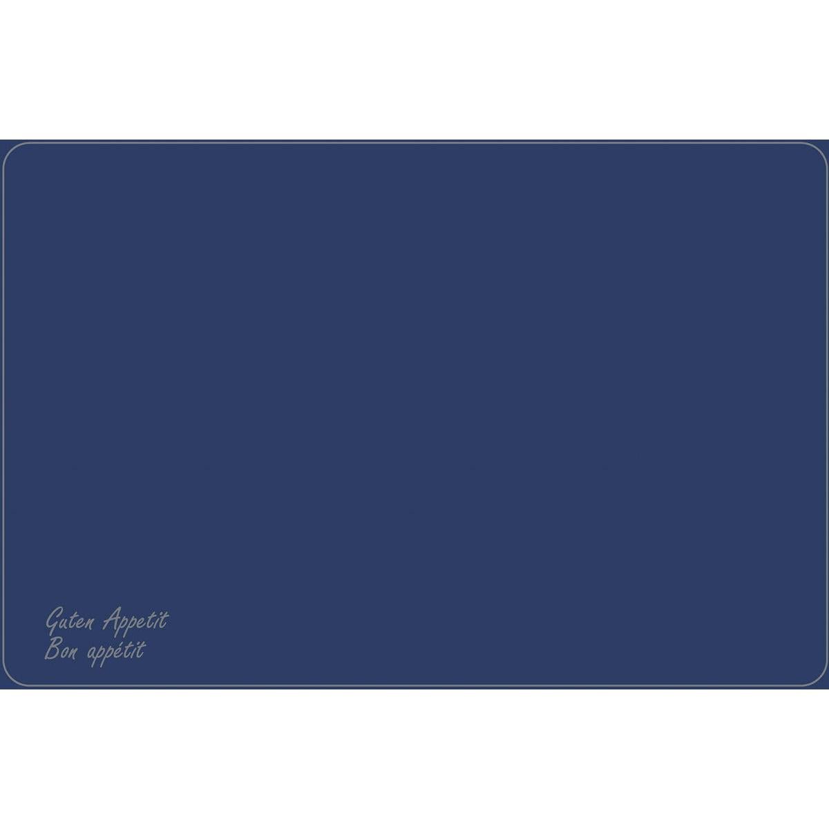 A rectangular 33 x 48 cm Dunicel placemat by Duni GmbH in dark blue, decorated with white borders and "Guten Appetit" & "Bon appétit" in cursive in the corner. Ideal for elegant placemats by Vesca Norm.