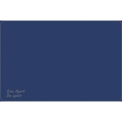 A rectangular 33 x 48 cm Dunicel placemat by Duni GmbH in dark blue, decorated with white borders and "Guten Appetit" & "Bon appétit" in cursive in the corner. Ideal for elegant placemats by Vesca Norm.