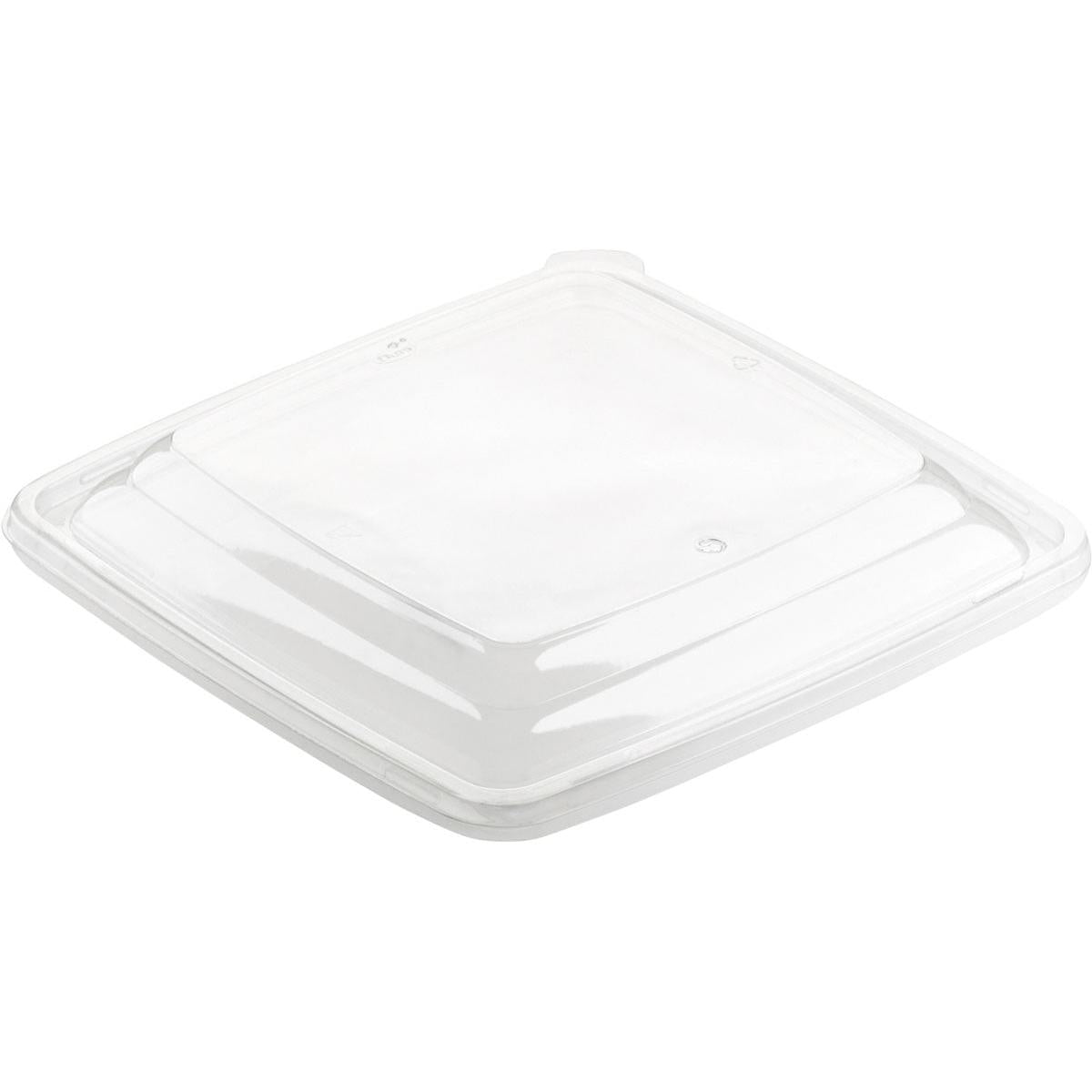 A transparent APET lid for 163222 / 163223 (198x198x18 mm) by Duni GmbH with slightly raised edges is displayed on a plain white background. The lid is delivered in a pack of 450 pieces.