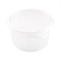Pictured is a clear, empty Fixpack® round Transparent PP container from Duni GmbH in a round shape, viewed from a slightly elevated angle against a white background.