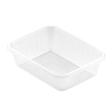 Pictured is a Fixpack® rectangular transparent PP 146x110mm storage box from Duni GmbH with ribbed sides and without a lid on a white background.