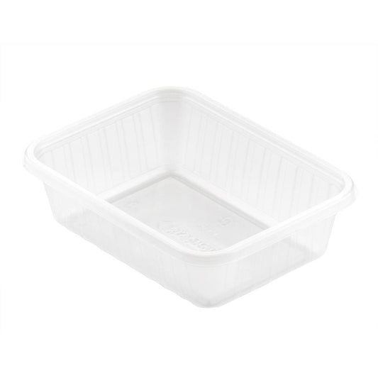 Pictured is a Fixpack® rectangular transparent PP 146x110mm storage box from Duni GmbH with ribbed sides and without a lid on a white background.