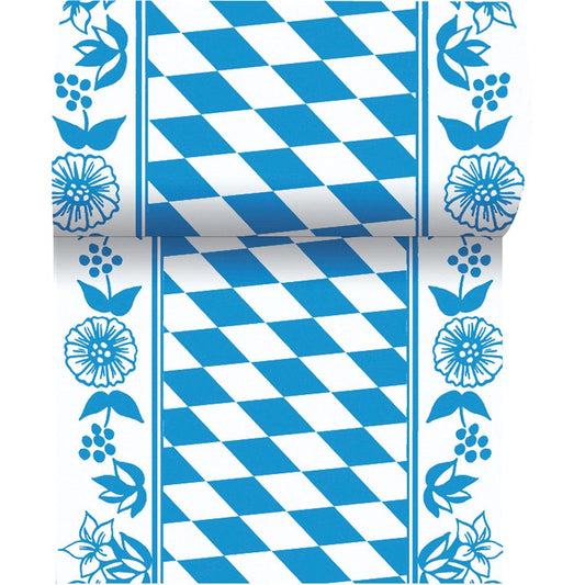 The Dunicel table runner 20 m x 15 cm from Duni GmbH has a blue-white diamond in the middle and blue flowers on the sides - ideal for a stylish table decoration.
