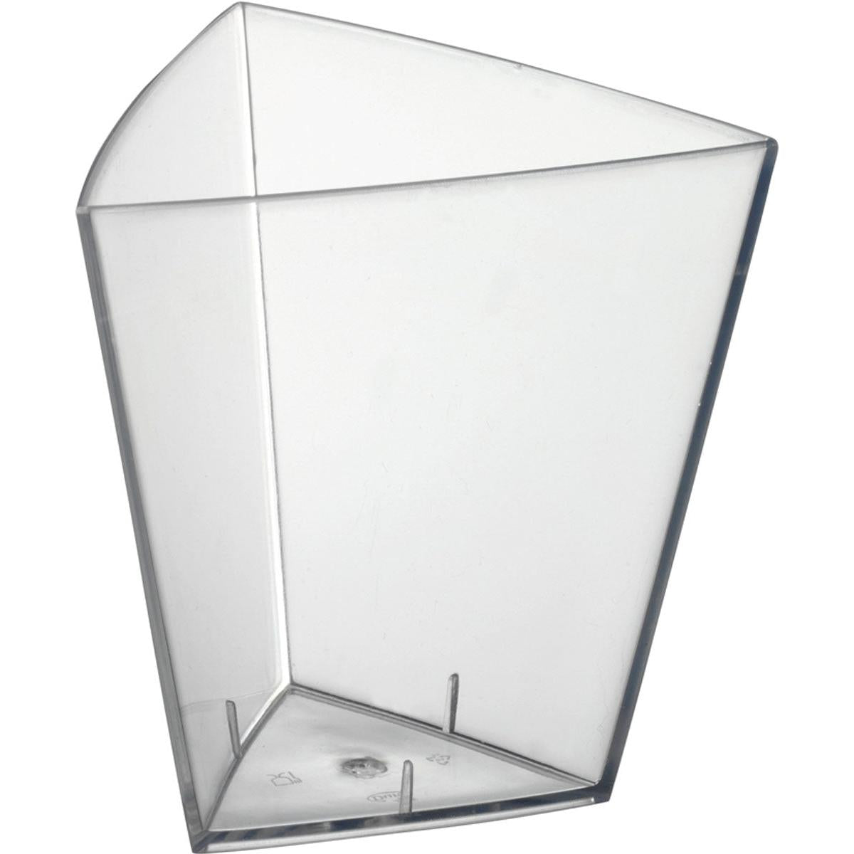 A clear, empty Tri, large Transparent PS 62x62x68 cup from Duni GmbH stands upright on a white background. The triangular plastic cup has smooth sides that bulge outward at the top. The pack contains 54 pieces.