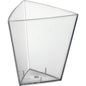 A clear, empty Tri, large Transparent PS 62x62x68 cup from Duni GmbH stands upright on a white background. The triangular plastic cup has smooth sides that bulge outward at the top. The pack contains 54 pieces.