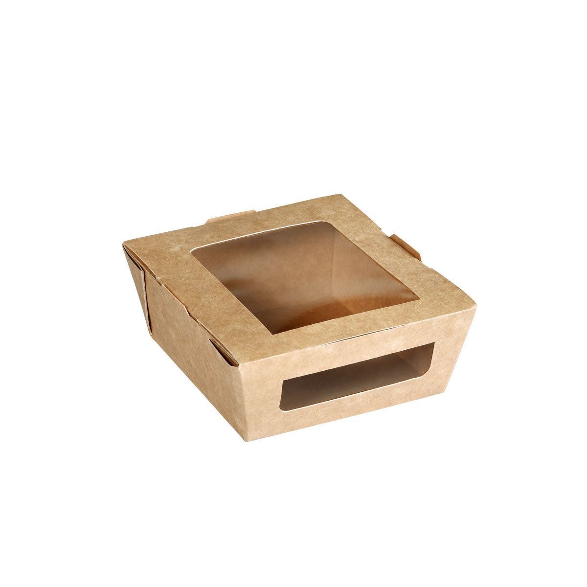 The Duni GmbH menu box with PLA window 450 ml made of brown cardboard, 120x110x45 mm, is shown empty on a white background. The box is environmentally friendly and is offered in a pack of 200 pieces.