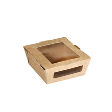 The Duni GmbH menu box with PLA window 450 ml made of brown cardboard, 120x110x45 mm, is shown empty on a white background. The box is environmentally friendly and is offered in a pack of 200 pieces.