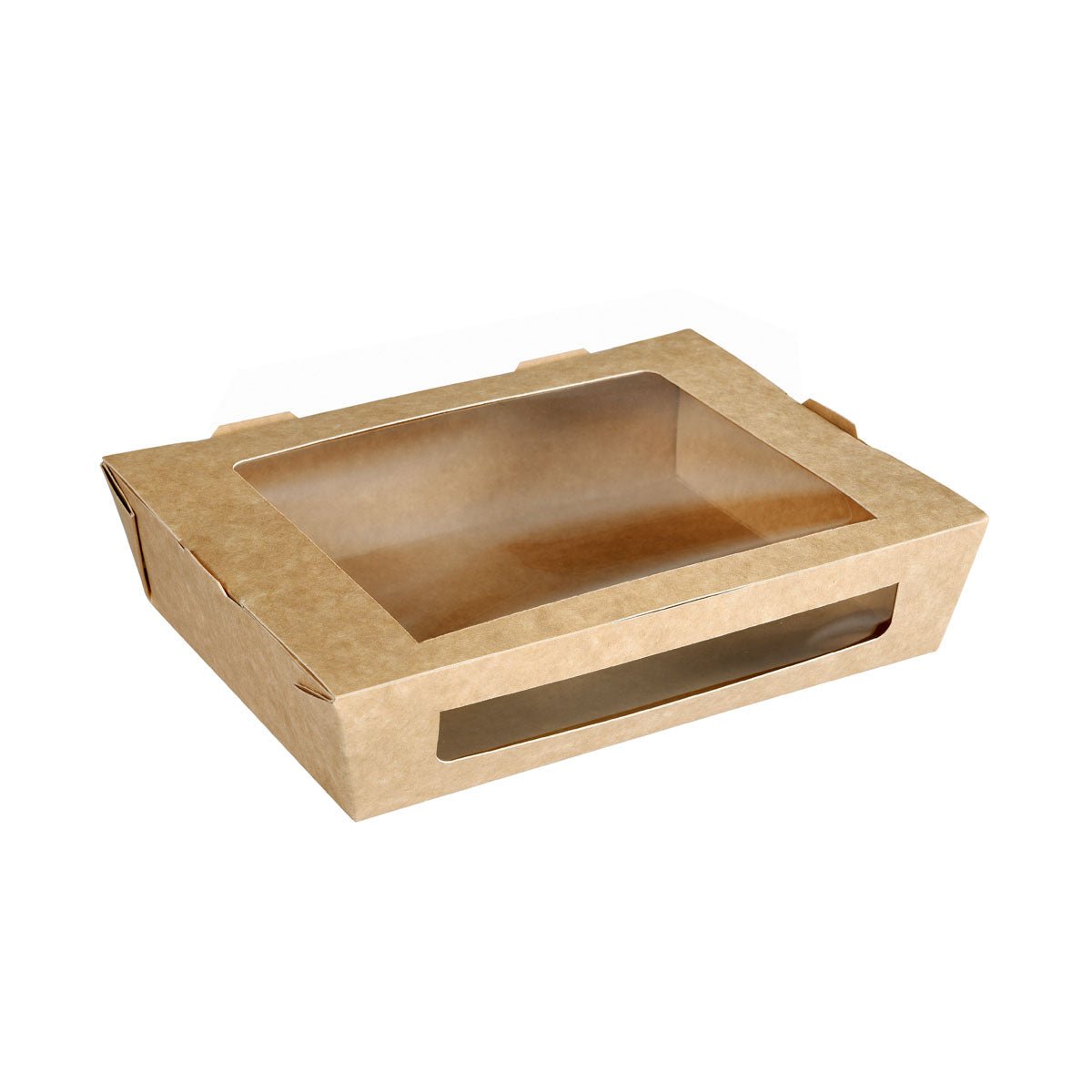 The menu box with PLA window 1200 ml from Duni GmbH made of brown cardboard (200x155x45 mm), photographed empty and partially opened on a white background - a sustainable packaging, ideal for environmentally conscious storage.