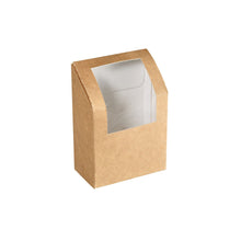 A wrap box with a PLA window from Duni GmbH (550 ml, 90x50x130 mm) made of brown cardboard stands upright against a white background; the transparent cutout provides a view while the lid is slightly open.