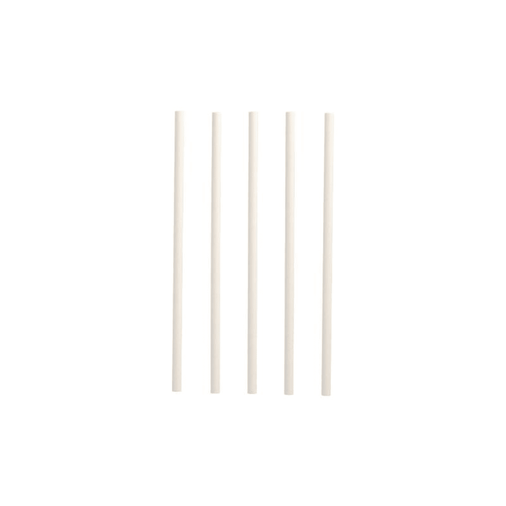 Five white PAPSTAR shake straws paper drinking straws measuring Ø 8 mm x 25 cm are neatly aligned vertically on a plain white background, highlighting an eco-friendly and sustainable option from PAPSTAR GmbH for environmentally conscious consumers.