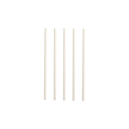 Five white PAPSTAR shake straws paper drinking straws measuring Ø 8 mm x 25 cm are neatly aligned vertically on a plain white background, highlighting an eco-friendly and sustainable option from PAPSTAR GmbH for environmentally conscious consumers.