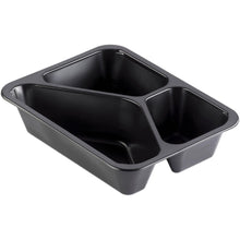 The Duni GmbH PP tray Caterline 3 Black PP 227x178 is a black food tray with three compartments, ideal for serving various dishes in gastronomy and catering.