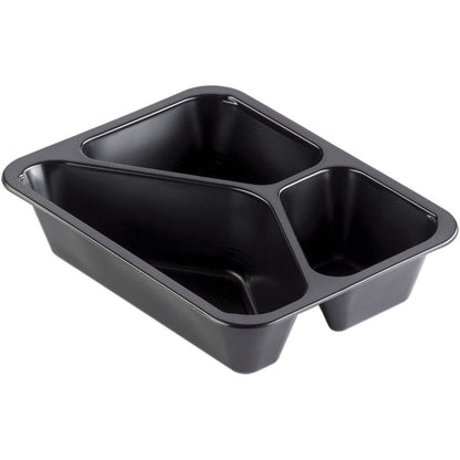 The Duni GmbH PP tray Caterline 3 Black PP 227x178 is a black food tray with three compartments, ideal for serving various dishes in gastronomy and catering.