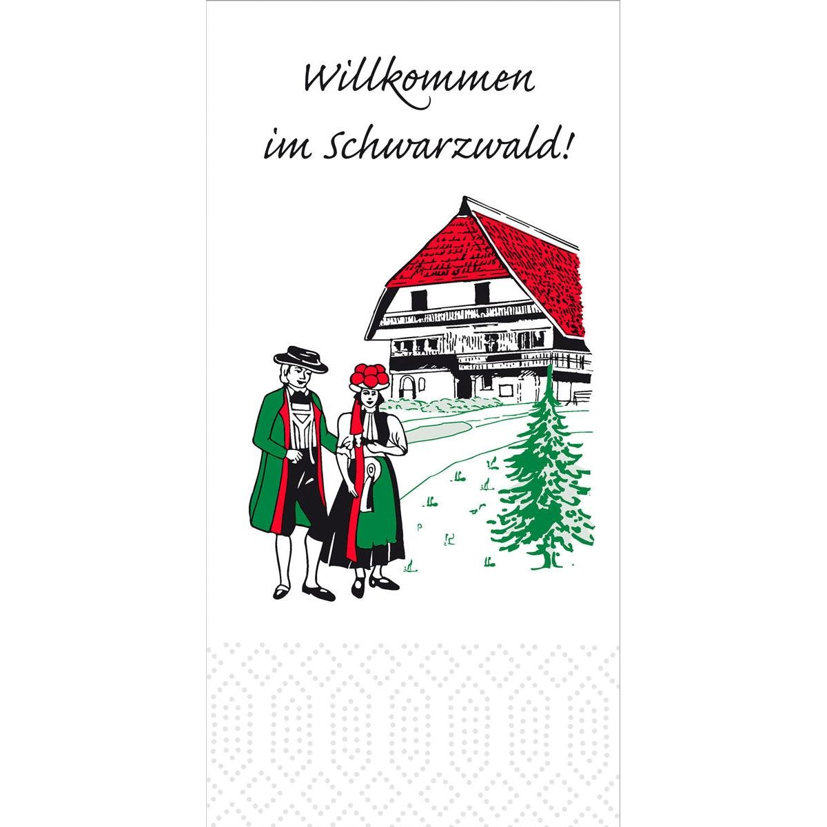 Illustration of a couple in Black Forest costume at a red-roofed house with "Welcome to the Black Forest" - ideal for Duni GmbH paper napkins 33x33 cm, 3-ply, Black Forest (pack of 250 napkins).