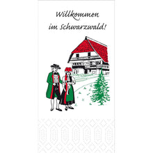 Illustration of a couple in Black Forest costume at a red-roofed house with "Welcome to the Black Forest" - ideal for Duni GmbH paper napkins 33x33 cm, 3-ply, Black Forest (pack of 250 napkins).