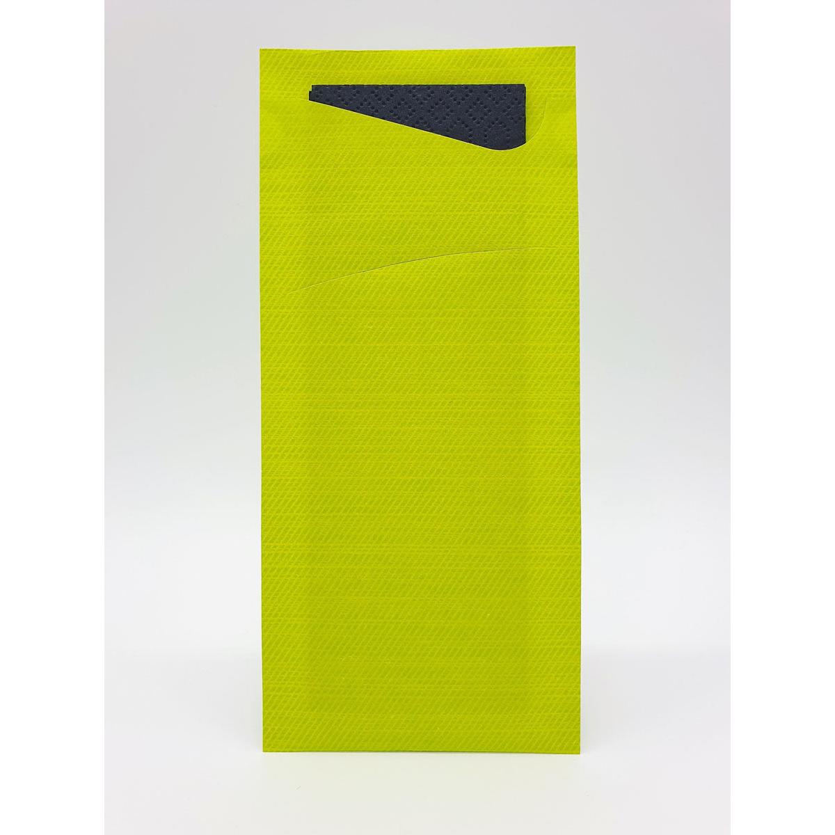 A rectangular yellow Sacchetto tissue 190 x 85 mm from Duni GmbH stands upright against a white background, its black triangular flap partially folded over the top edge.