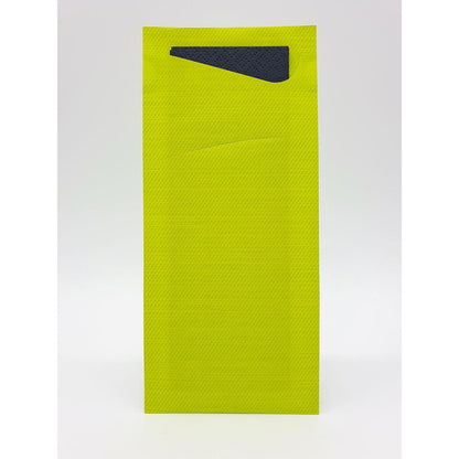 A rectangular yellow Sacchetto tissue 190 x 85 mm from Duni GmbH stands upright against a white background, its black triangular flap partially folded over the top edge.